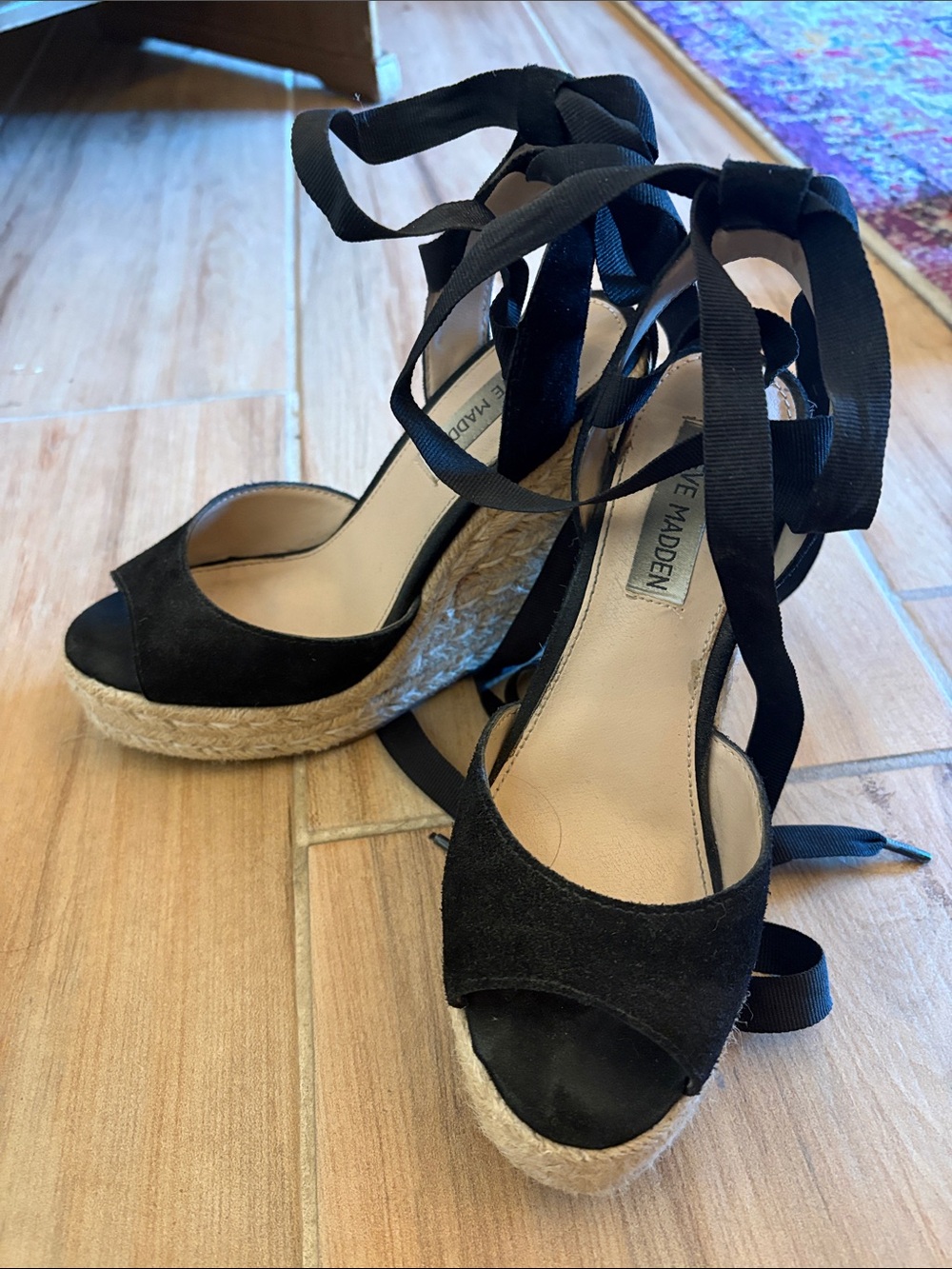Steve Madden Black Suede Espadrille Wedge Sandals with Ankle Wrap